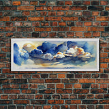 Whimsical Clouds Wall Decor, Ready To Hang Canvas Print, Panoramic, Clouds and Blue Sky, Guest Room Art, Minimalist Decor