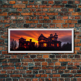 Spooky Victorian Haunted House, Panoramic Wall Art Canvas Print, Ready To Hang, Creepy Wall Decor, Gloomy Art, Scary Halloween Wall Decor