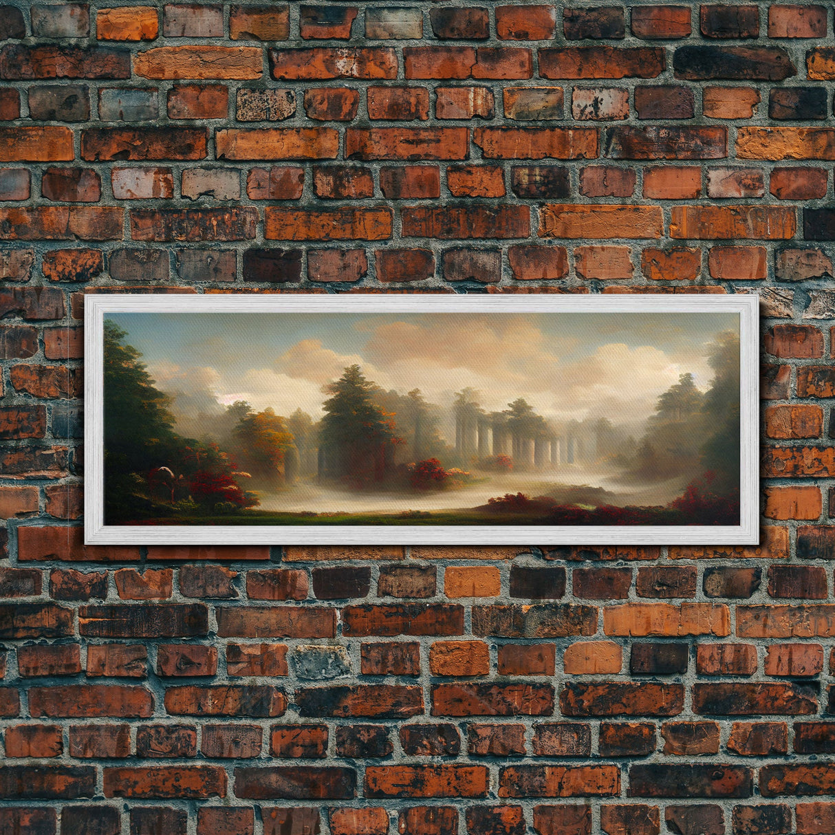 Hazy Forest Fantasy Art, Ready To Hang Canvas Print, Panoramic Art, Fog Covered Forest High Fantasy RPG Concept Art