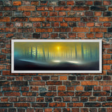 Foggy Forest, UFO Sighting, Ready To Hang Canvas Print, Panoramic Art, Scifi Wall Art