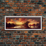 Prehistoric Abstract Landscape Art, Ready To Hang Canvas Print, Panoramic Art, Dinosaurs At Sunset