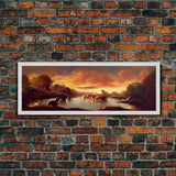 Prehistoric Dinosaur Abstract Landscape Art, Ready To Hang Canvas Print, Panoramic Art, Dinosaurs At Sunset