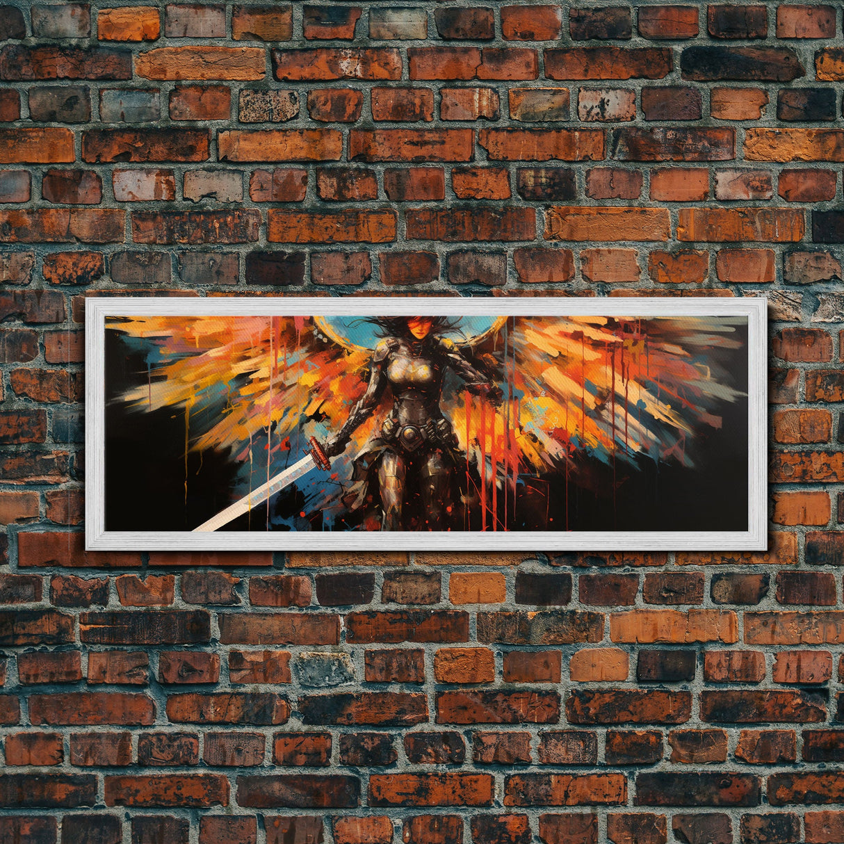 The Battle Angel, Framed Canvas Print, Game Room Art, Panoramic Painting, Panoramic Wall Art, Extra Large Wall Art