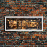 Victorian Library In The Winter, Framed Panoramic Canvas Print, Extra Wide Art, Above Sofa Art, Winter Decor, Christmas Decor, The Book Shop