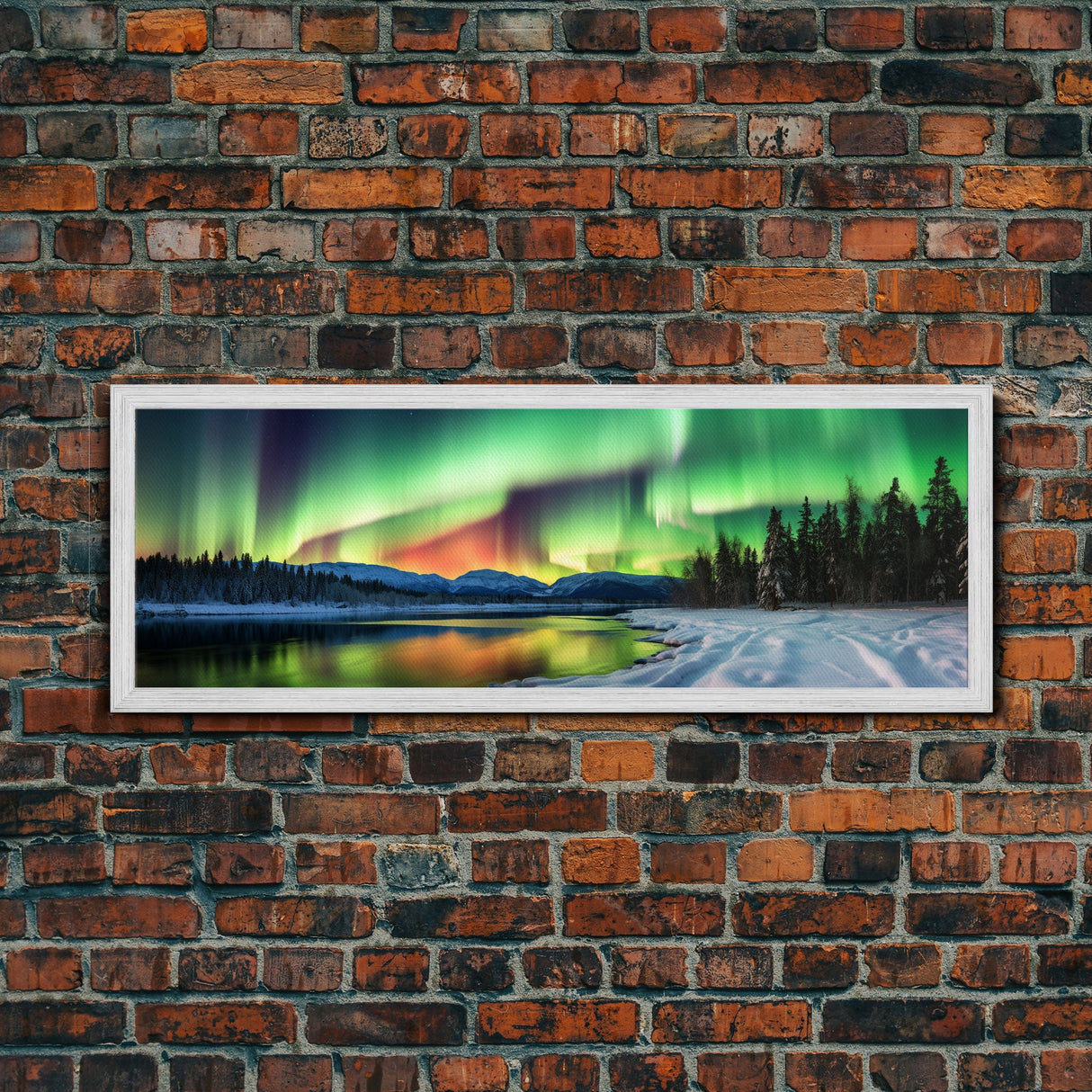 Aurora Borealis, Northern Lights Panoramic Framed Canvas Print, Beautiful Winter Wonderland Landscape Painting