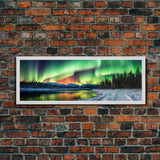 Aurora Borealis, Northern Lights Panoramic Framed Canvas Print, Beautiful Winter Wonderland Landscape Painting