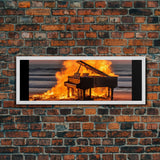 Burning Piano On The Beach, Surreal Art, Framed Canvas Print, Panoramic Wall Art