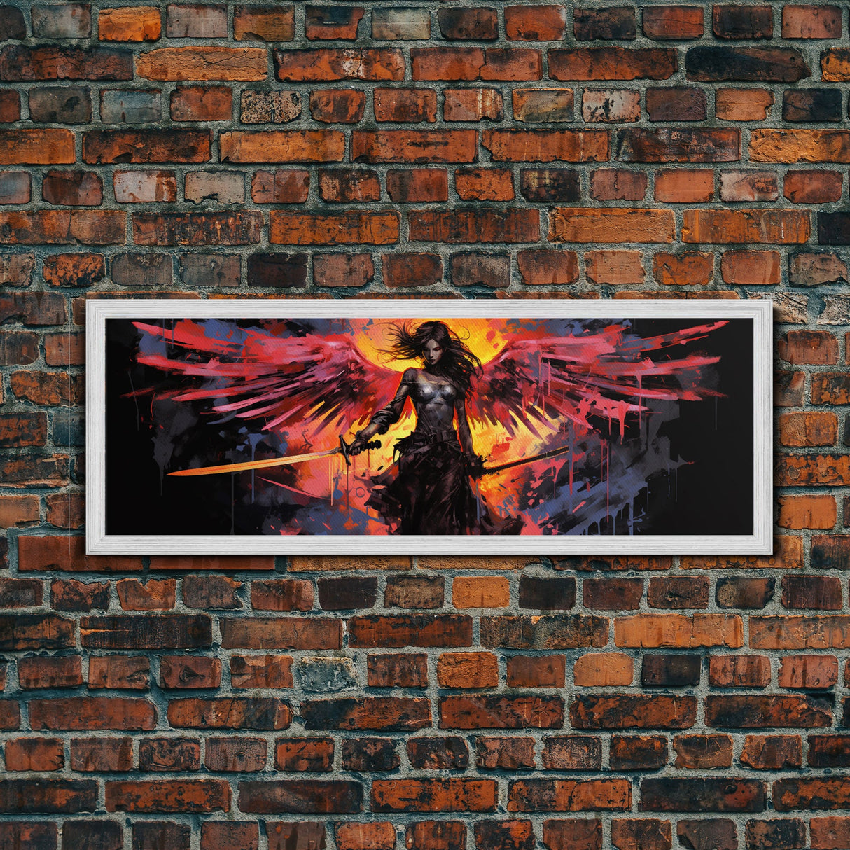 The Battle Angel, Framed Canvas Print, Game Room Art, Panoramic Painting, Panoramic Wall Art, Extra Large Wall Art