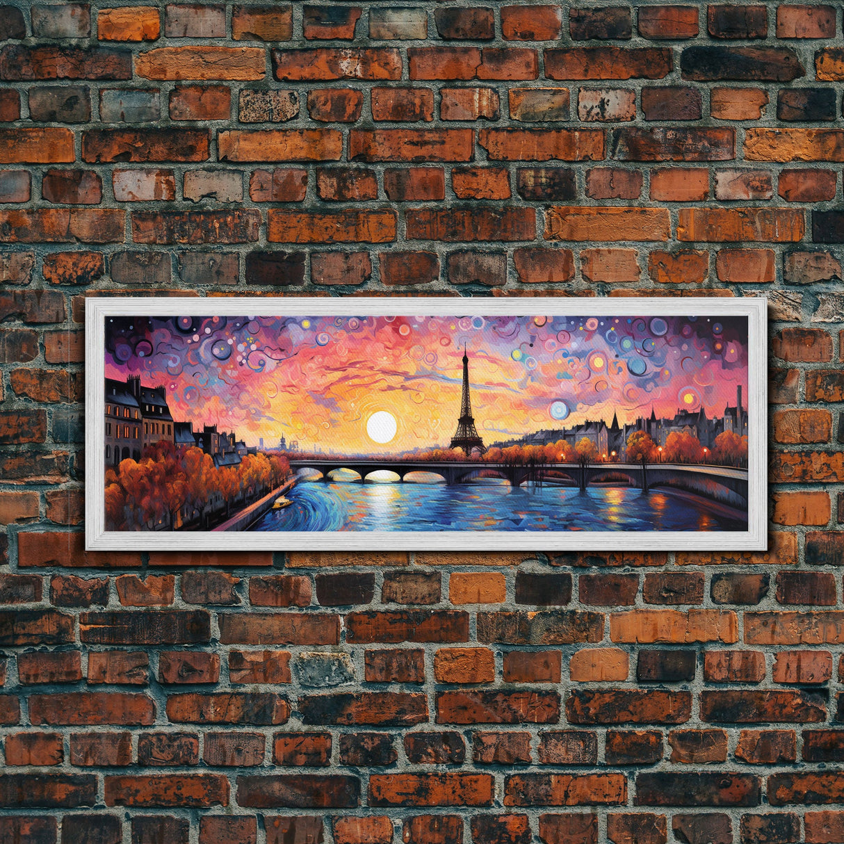 Eiffel Tower Abstract Paris France Panoramic Framed Canvas Print, Van Gogh Inspired Original Painting, Colorful Wall Art