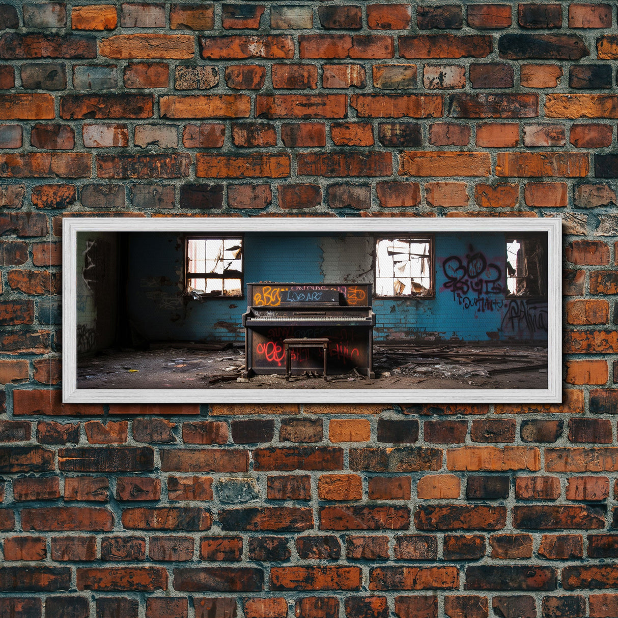 The Abandoned Piano, Urban Decay Art, Street Art, Framed Canvas Print, Graffiti Art, Panoramic Wall Art