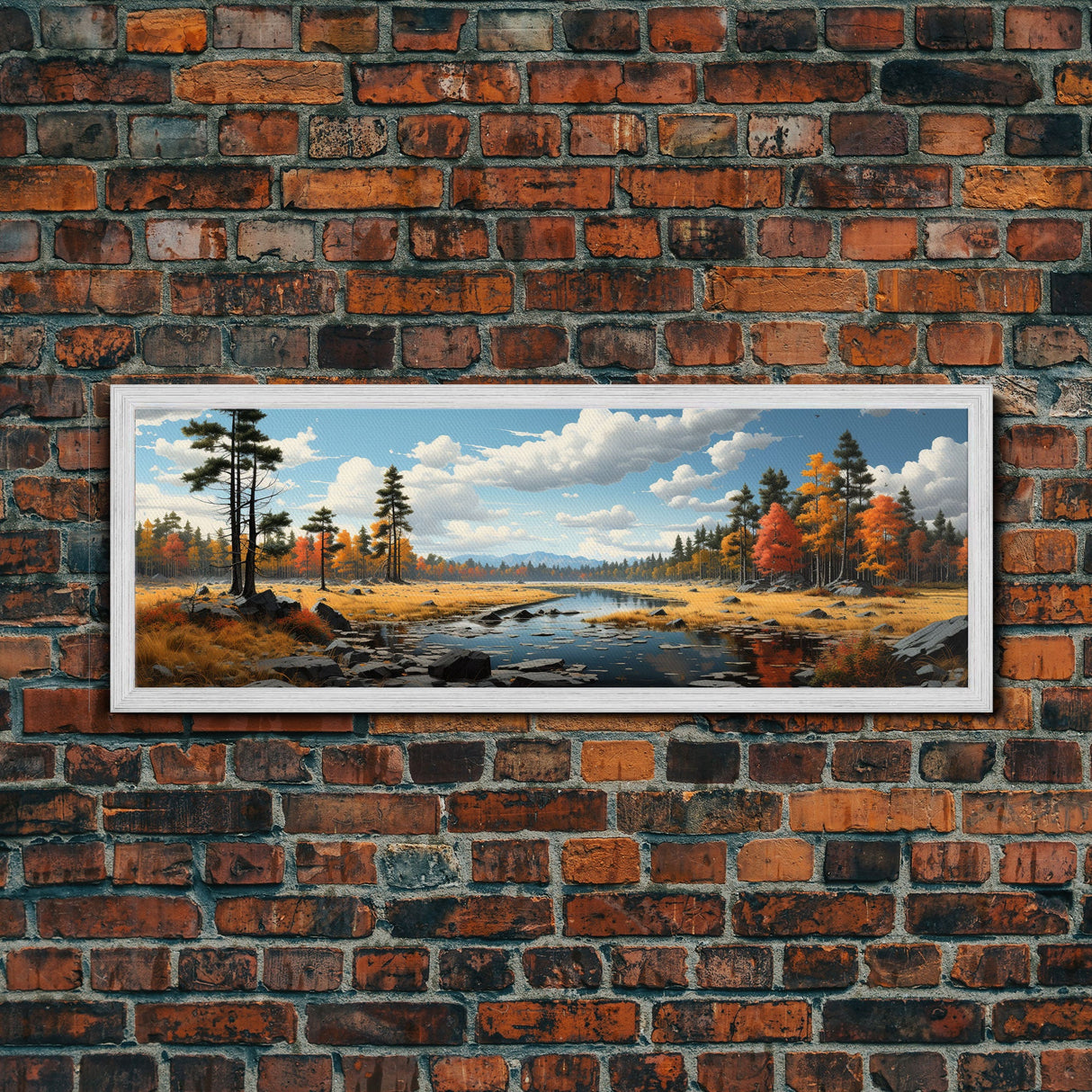 Panoramic Autumn Landscape Painting Framed Canvas Print, Large Wall Art, Fall Centerpiece, Above Fireplace Living Room Art, Mantle Art