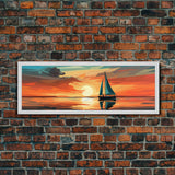 Nautical Decor, Beach Decor, Navy Decor, Coastal Decor, Sailboat At Sunset Framed Canvas Print, Ship Art, Lakehouse Decor, MCM Art