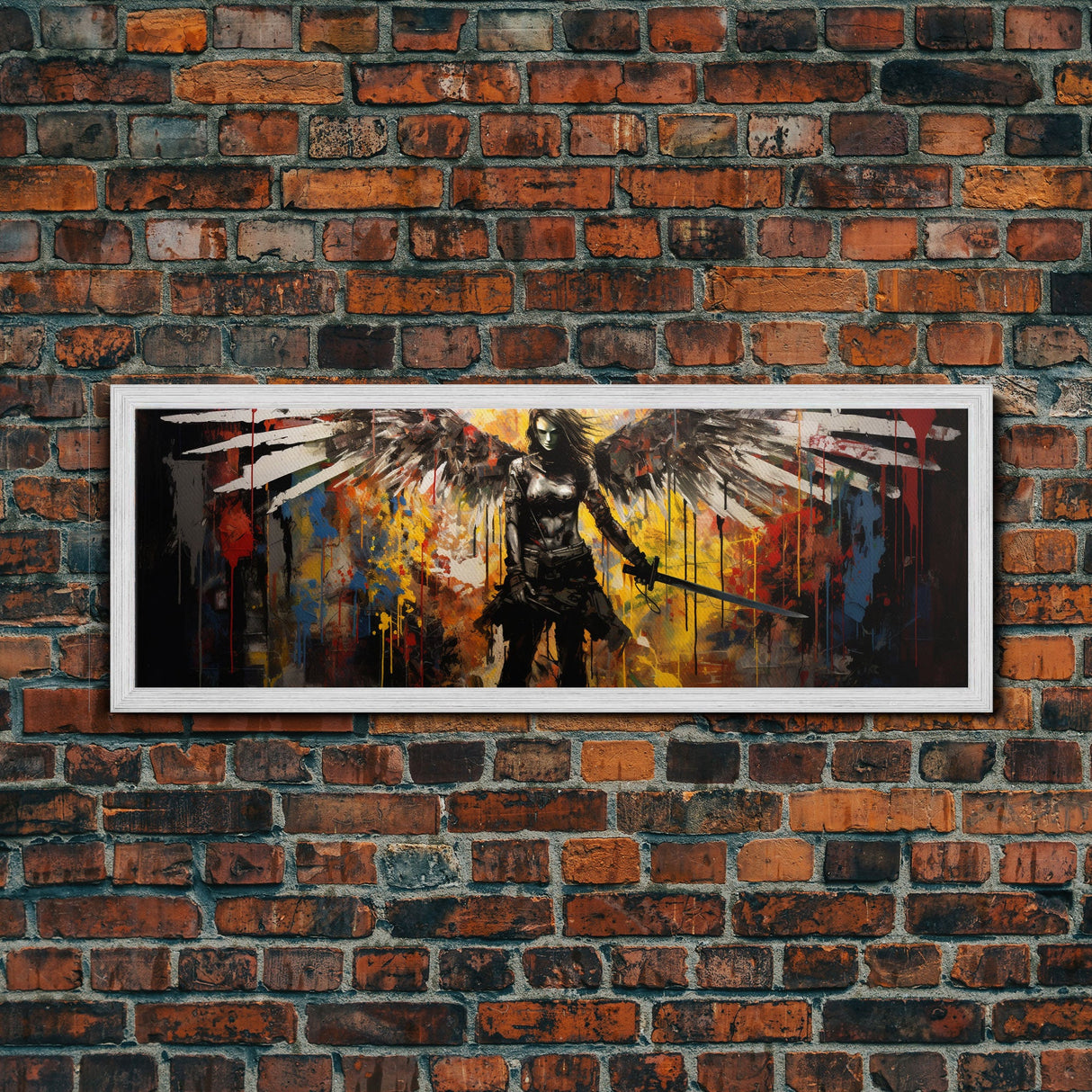 Graffiti Battle Angel, Framed Canvas Print, Game Room Art, Panoramic Painting, Panoramic Wall Art, Extra Large Wall Art