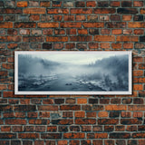 Panoramic Winter Scene Canvas Print, Winter Stream Drone Shot Bird's Eye View, Rustic Winter Centerpiece Wall Art, Panoramic Art