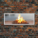 Campfire On The Beach, Framed Canvas Print, Lakehouse Wall Art, Ocean Decor, Ocean Wall Art, Home & Office Decoration