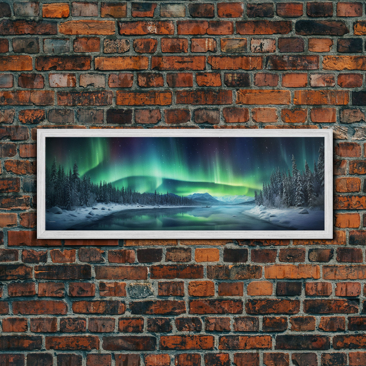 Panoramic Aurora Borealis Wall Art, Framed Canvas Print, Snowy Winter Landscape Painting, Winter Centerpiece Wall Art