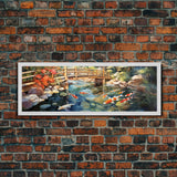 Panoramic Koi Pond Painting Canvas Print, Framed Wall Art, Unique Home Decor, Gift Idea, Art With Frame, Living Room Art