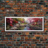 Panoramic Landscape Print Of A Tranquil Spring Stream, Framed Canvas Print, Original Landscape Oil Painting, Guest Room Decor