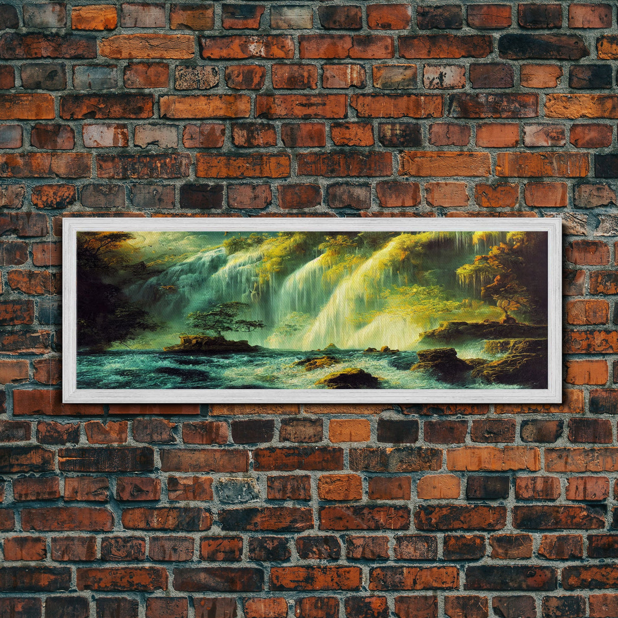 Vintage Style Trees, Forest, Waterfall and Mountain Art, Extra Large Wall Art, Framed Panoramic Canvas Print, Framed Wall Art