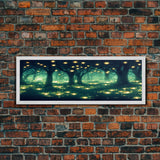 Fantasy Forest At Night With Fireflies, Extra Large Wall Art, Framed Panoramic Canvas Print, Framed Wall Art