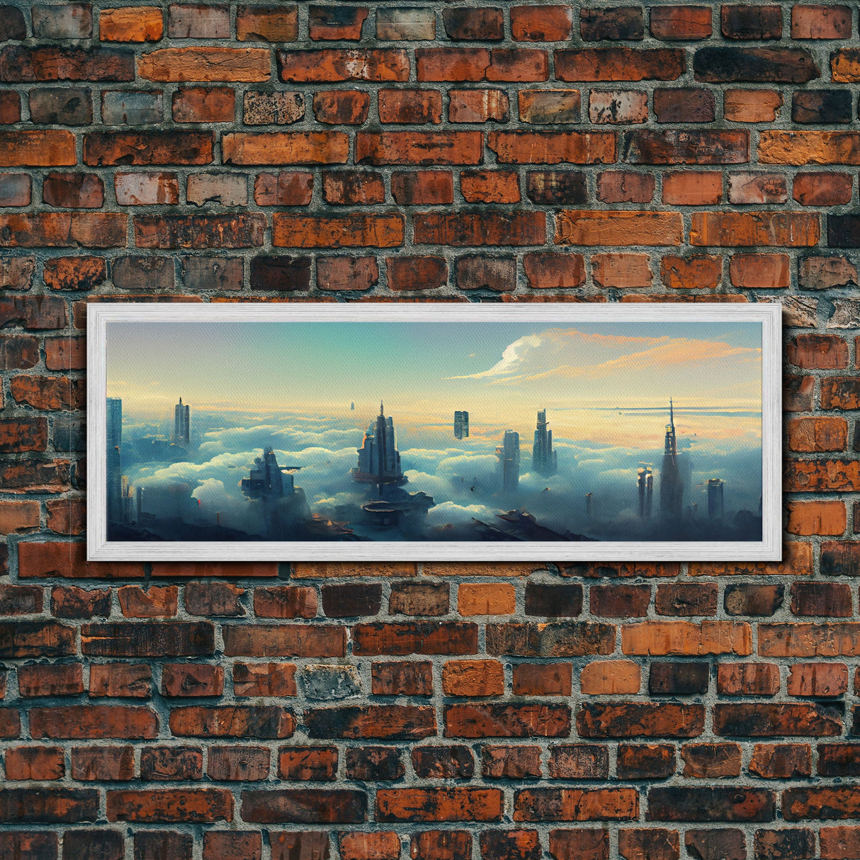 Cyberpunk City Above The Clouds, Futuristic Metropolis, Extra Large Wall Art, Framed Panoramic Canvas Print, Framed Wall Decor