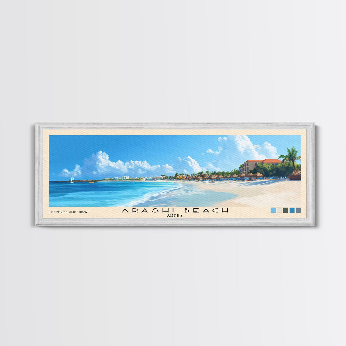 Arashi Beach, Aruba Panoramic Print, Vacation Gift, Aruba Wall Art, Beach Painting, Beach Decor, Large Wall Art, Wood Frame Art