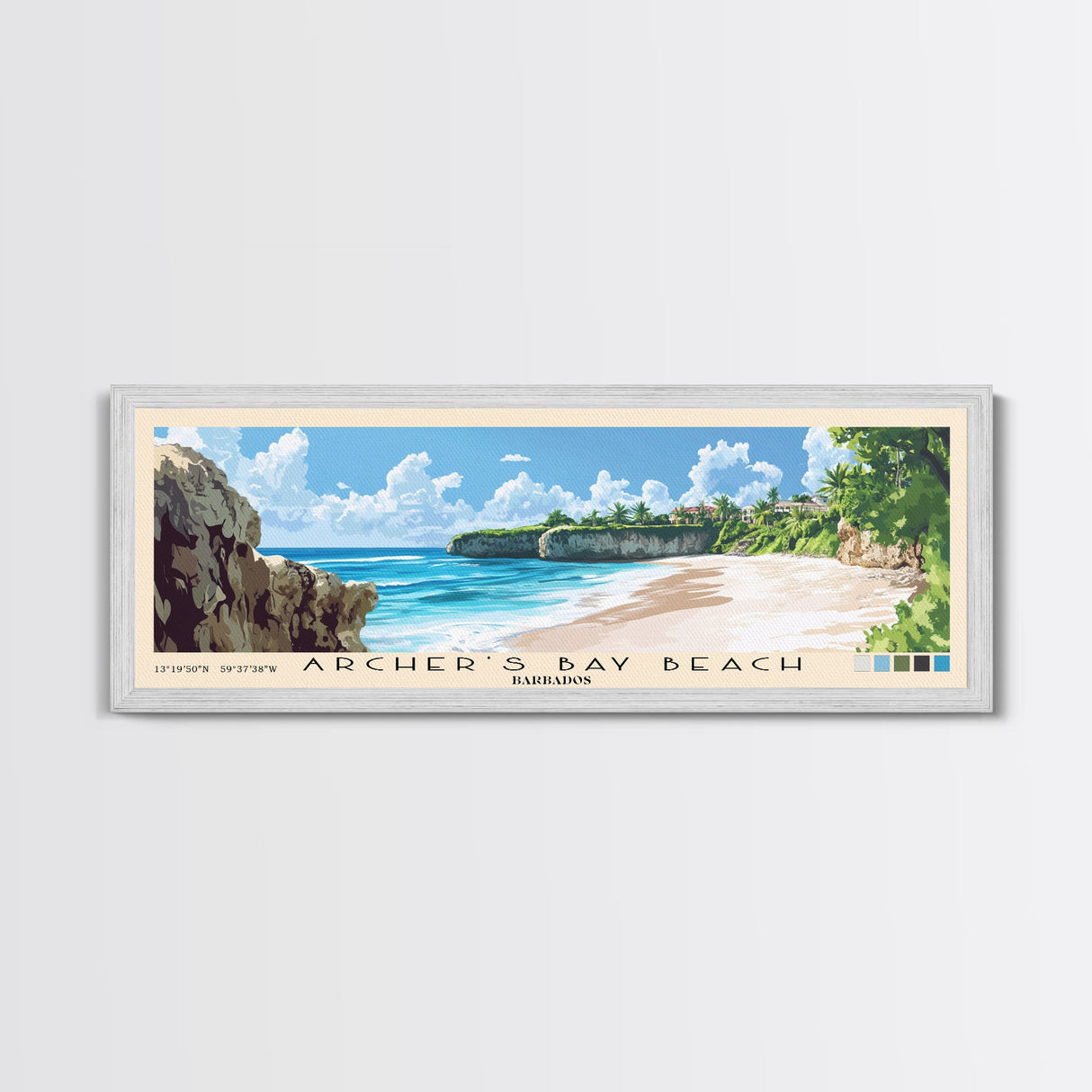 Archer’s Bay Beach, Barbados Panoramic Beach Print, Vacation Gift, Barbados Wall Art, Framed Canvas Print, Framed Beach Painting