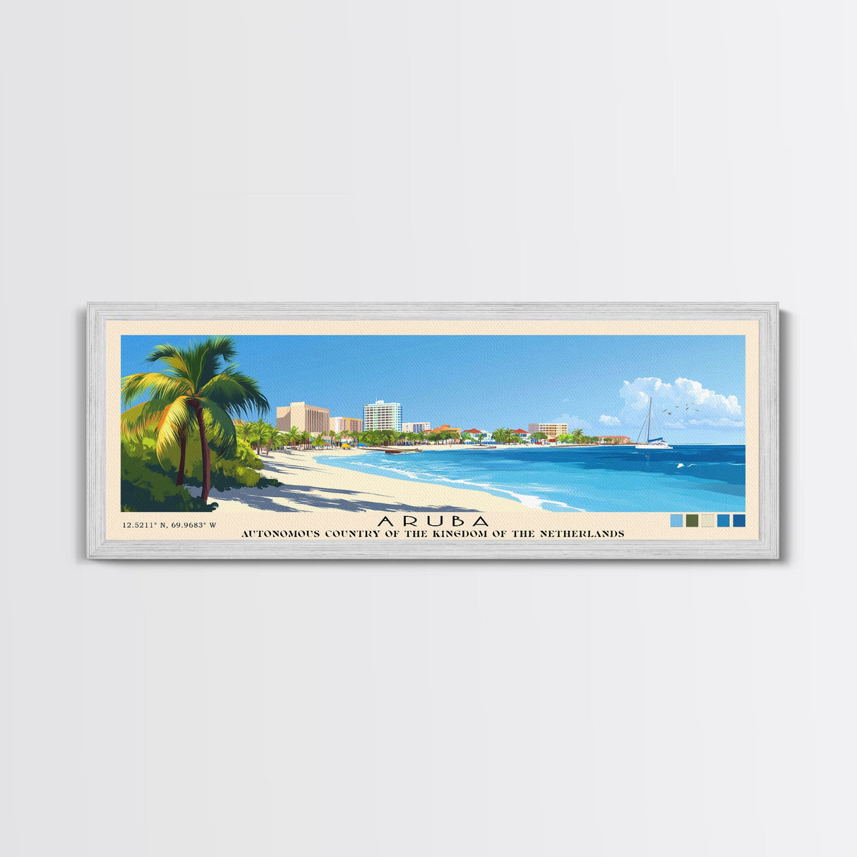 Aruba, autonomous country of the Kingdom of the Netherlands Panoramic Print, Vacation Gift, autonomous country of the Kingdom of the Netherlands Wall Art, Beach Painting, Beach Decor, Large Wall Art, Wood Frame Art