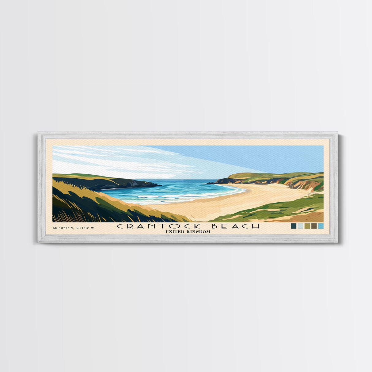 Crantock Beach, United Kingdom Panoramic Beach Print, Vacation Gift, United Kingdom Wall Art, Framed Canvas Print, Framed Beach Painting