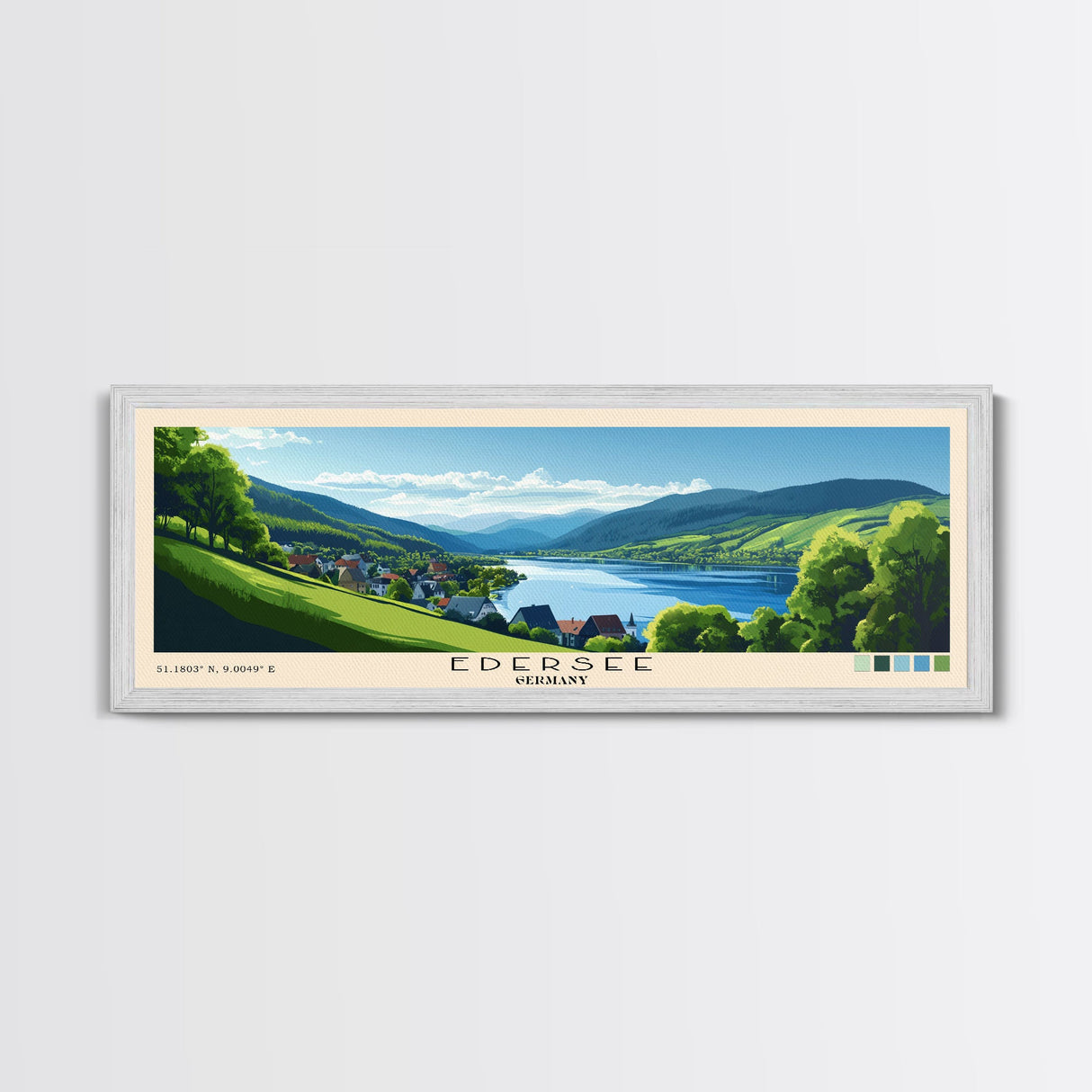 Edersee, Germany Panoramic Print, Vacation Gift, Germany Wall Art, Beach Painting, Beach Decor, Large Wall Art, Wood Frame Art