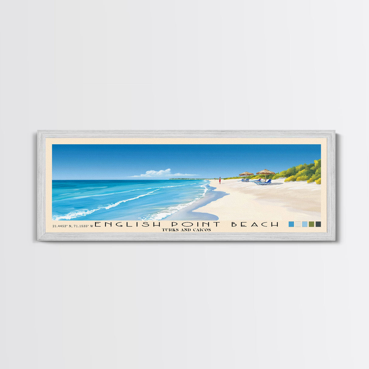 English Point Beach, Turks and Caicos Panoramic Beach Print, Vacation Gift, Turks and Caicos Wall Art, Framed Canvas Print, Framed Beach Painting