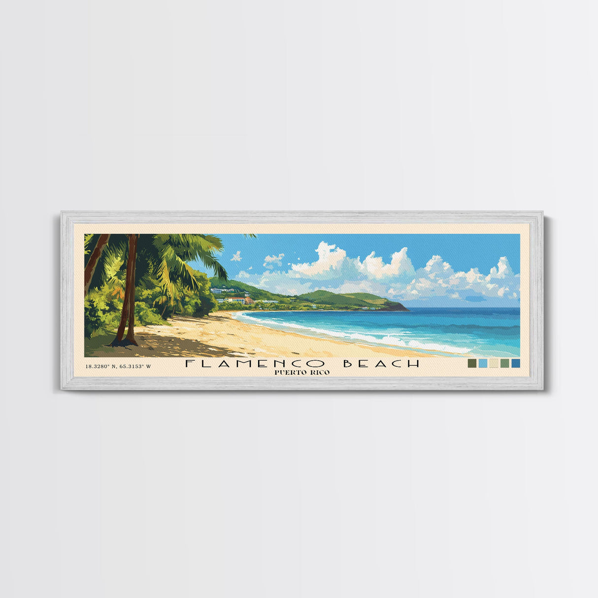 Flamenco Beach, Puerto Rico Panoramic Print, Vacation Gift, Puerto Rico Wall Art, Beach Painting, Beach Decor, Large Wall Art, Wood Frame Art