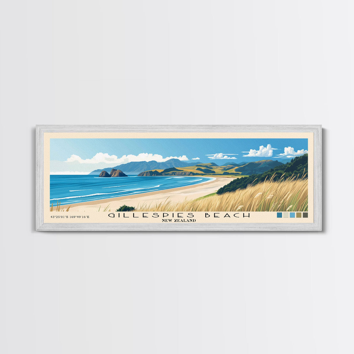 Gillespies Beach, New Zealand Panoramic Beach Print, Vacation Gift, New Zealand Wall Art, Framed Canvas Print, Framed Beach Painting