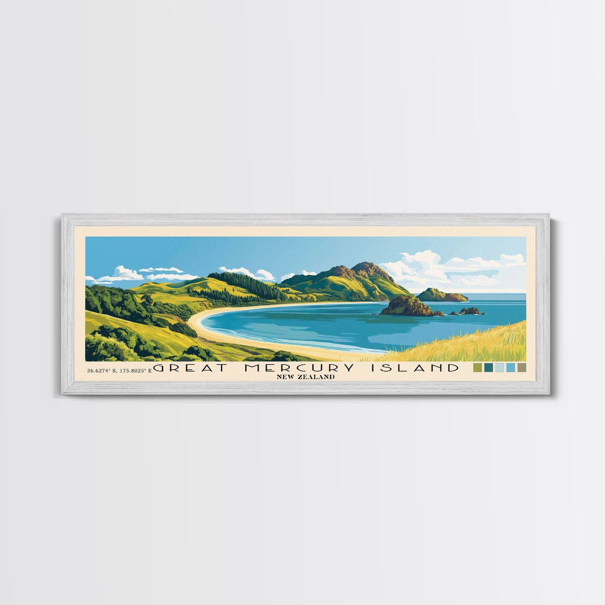 Great Mercury Island, New Zealand Panoramic Beach Print, Vacation Gift, New Zealand Wall Art, Framed Canvas Print, Framed Beach Painting