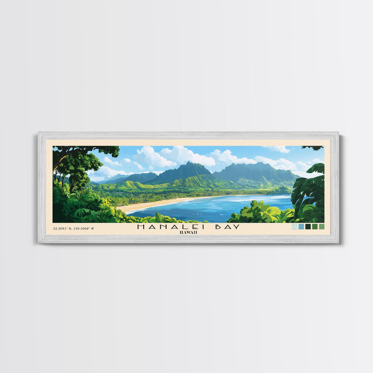 Hanalei Bay, Hawaii Panoramic Print, Vacation Gift, Hawaii Wall Art, Beach Painting, Beach Decor, Large Wall Art, Wood Frame Art