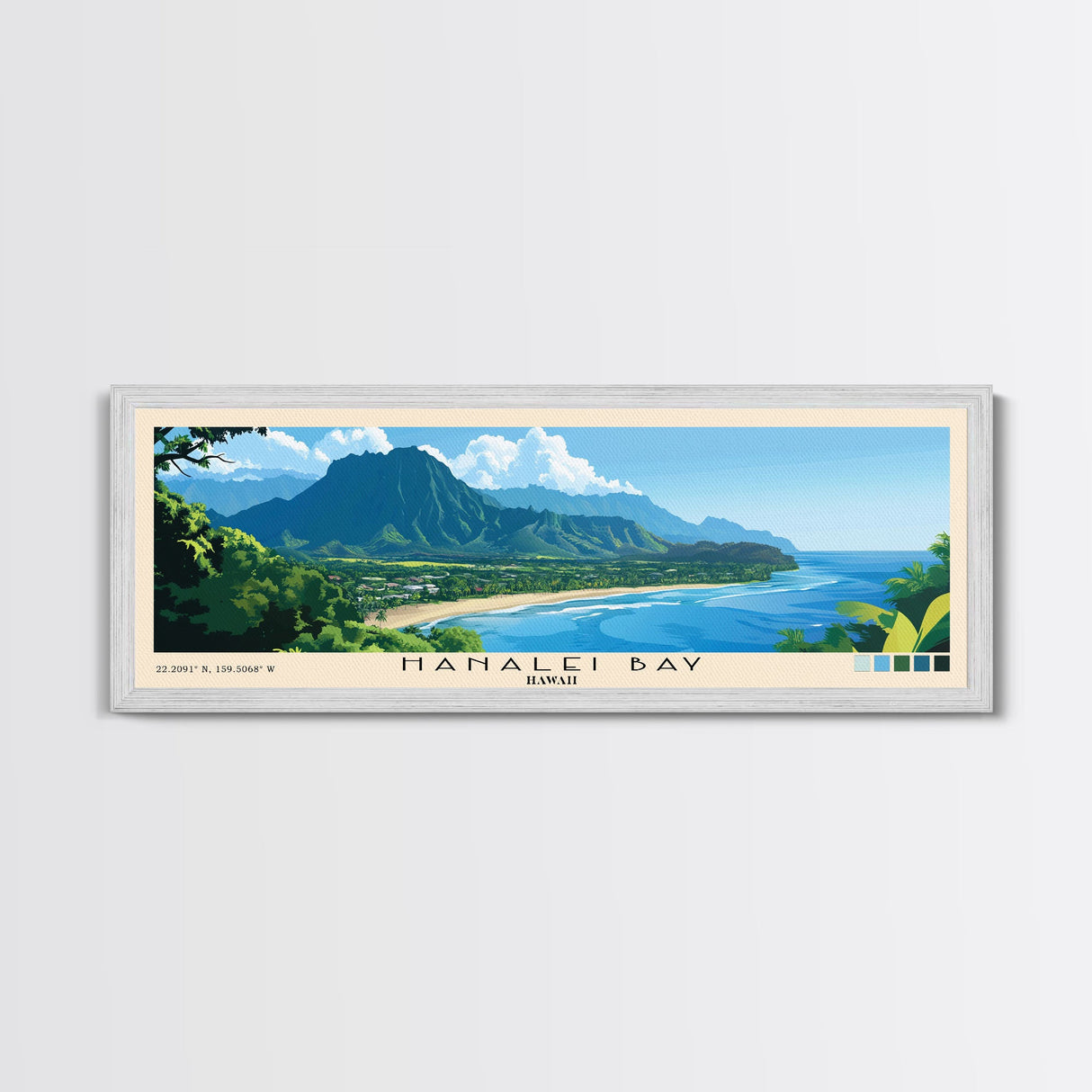 Hanalei Bay, Hawaii Panoramic Beach Print, Vacation Gift, Hawaii Wall Art, Framed Canvas Print, Framed Beach Painting