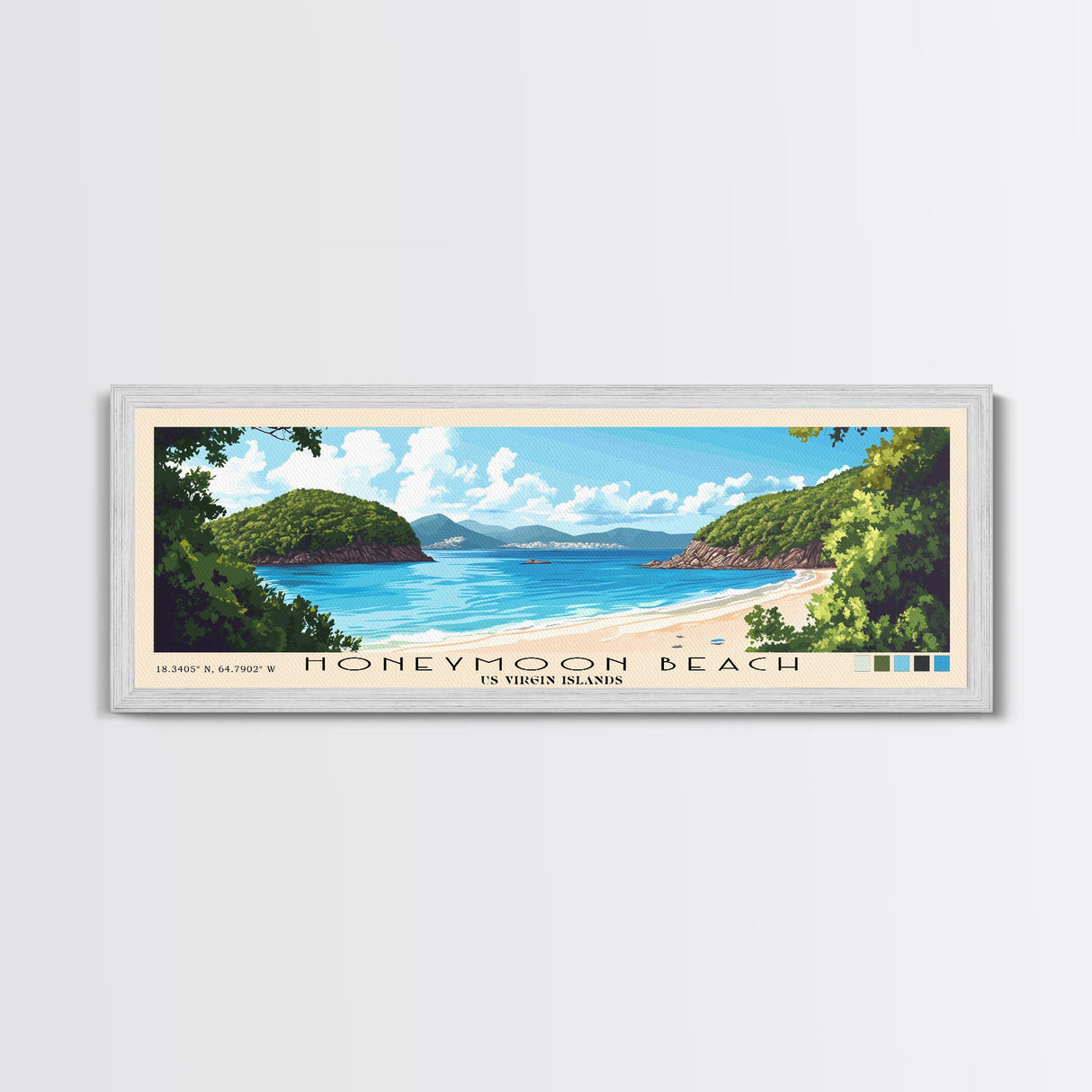 Honeymoon Beach, US Virgin islands Panoramic Print, Vacation Gift, US Virgin islands Wall Art, Beach Painting, Beach Decor, Large Wall Art, Wood Frame Art