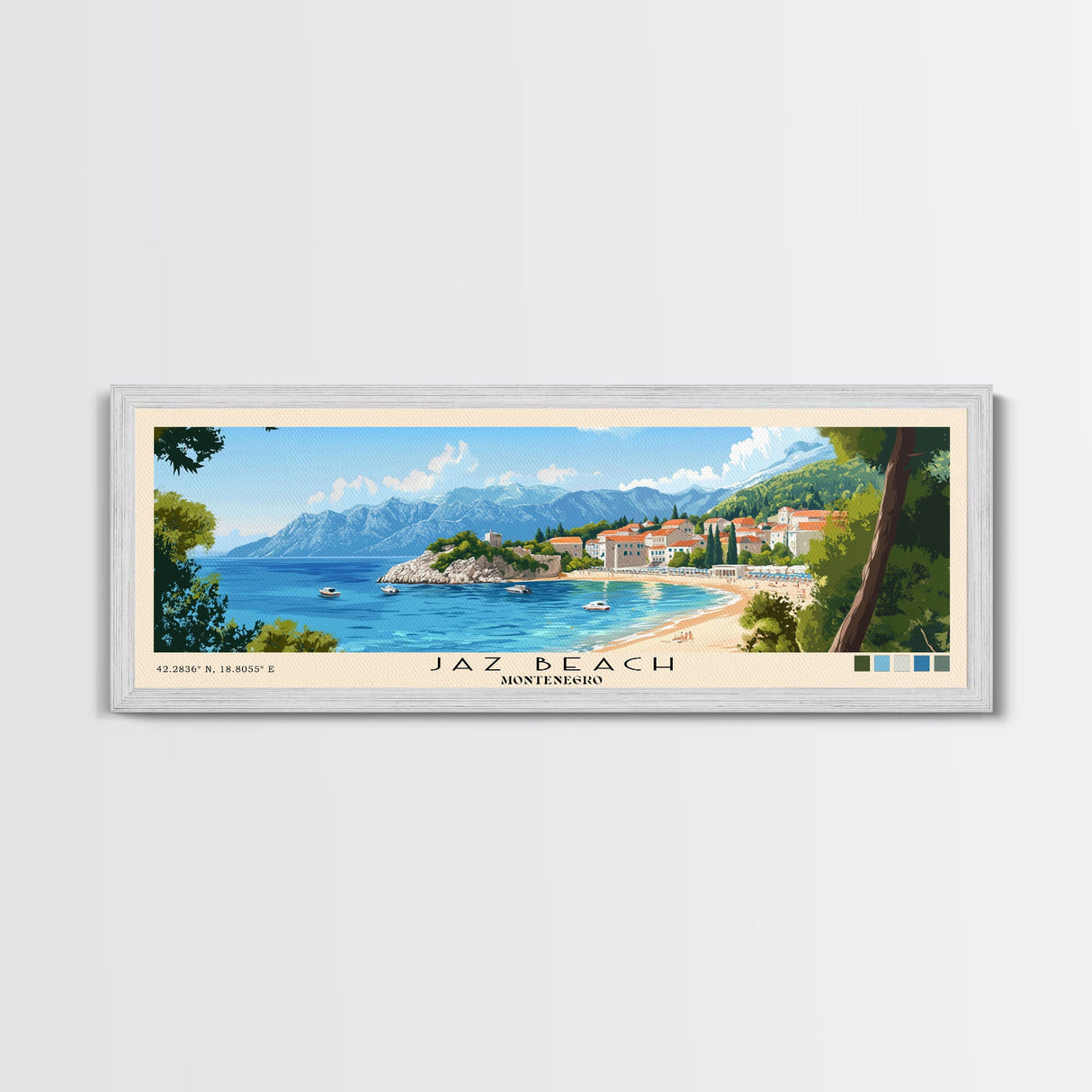 Jaz Beach, Montenegro Panoramic Print, Vacation Gift, Montenegro Wall Art, Beach Painting, Beach Decor, Beach Or Lakehouse Art