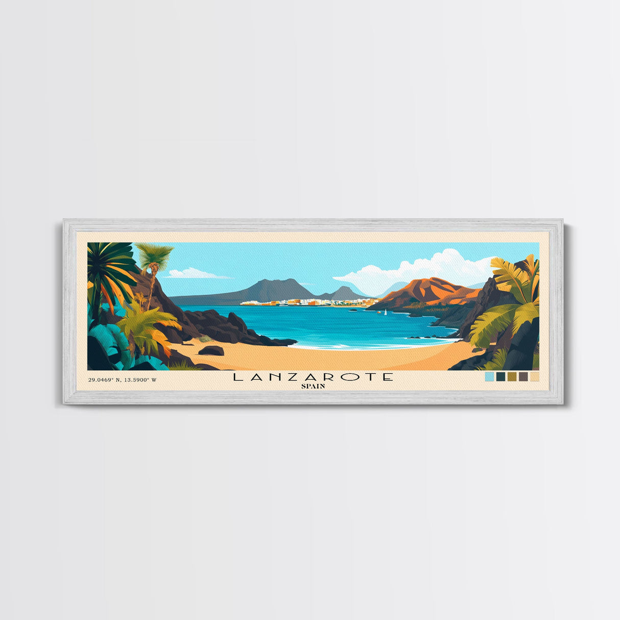 Lanzarote, Spain Panoramic Beach Print, Vacation Gift, Spain Wall Art, Framed Canvas Print, Framed Beach Painting