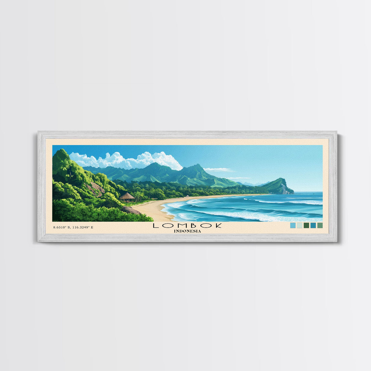 Lombok, Indonesia Panoramic Beach Print, Vacation Gift, Indonesia Wall Art, Framed Canvas Print, Framed Beach Painting