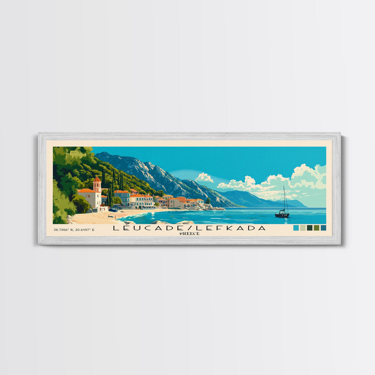 Léucade/Lefkada, Greece Panoramic Beach Print, Vacation Gift, Greece Wall Art, Framed Canvas Print, Framed Beach Painting