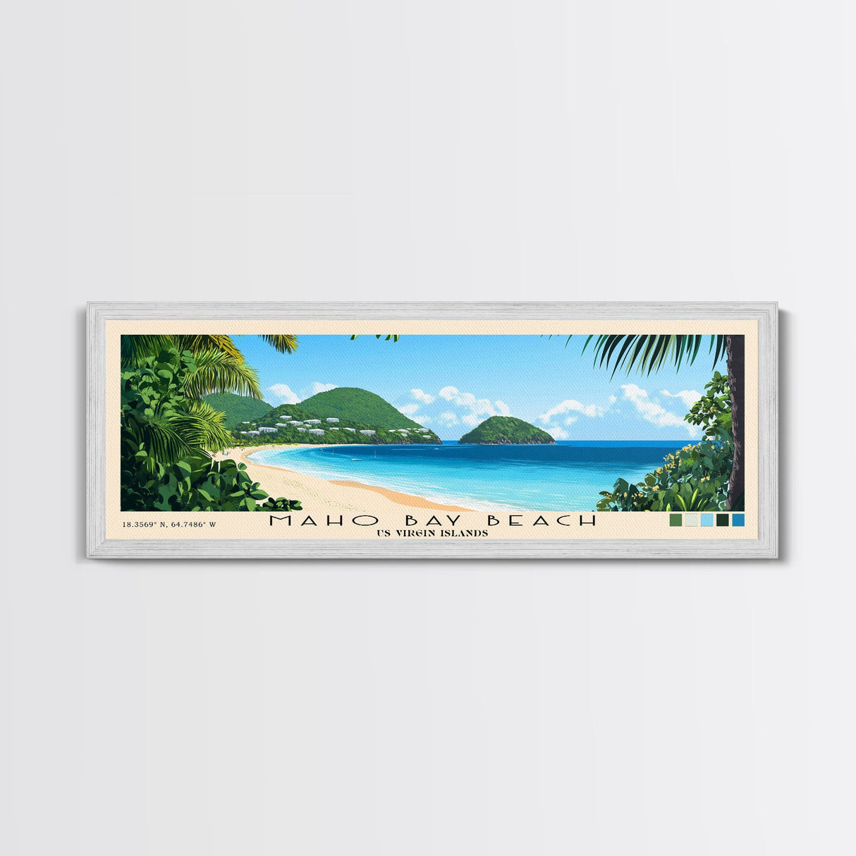 Maho Bay Beach, US Virgin islands Panoramic Beach Print, Vacation Gift, US Virgin islands Wall Art, Framed Canvas Print, Framed Beach Painting