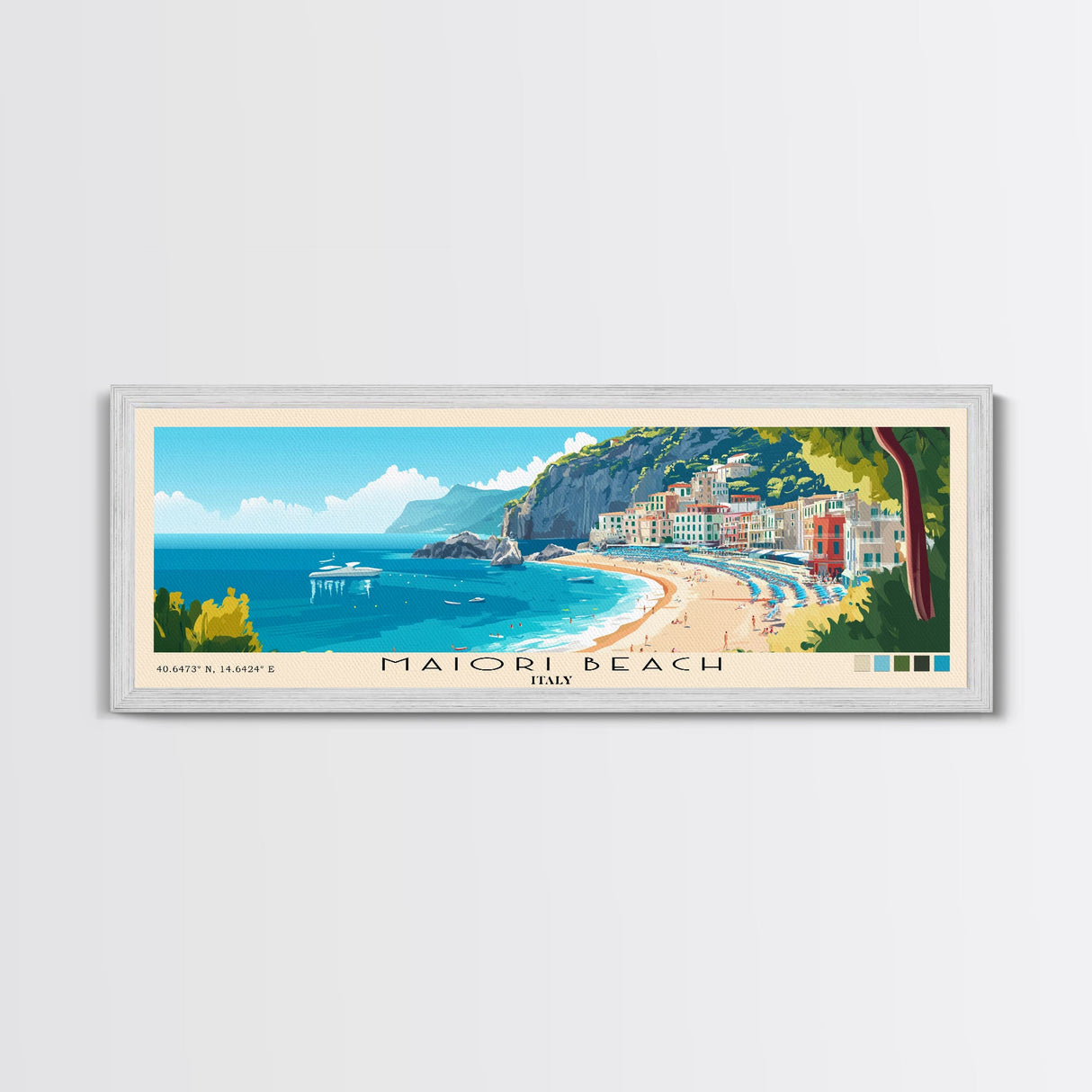 Maiori Beach, Italy Panoramic Print, Vacation Gift, Italy Wall Art, Beach Painting, Beach Decor, Beach Or Lakehouse Art