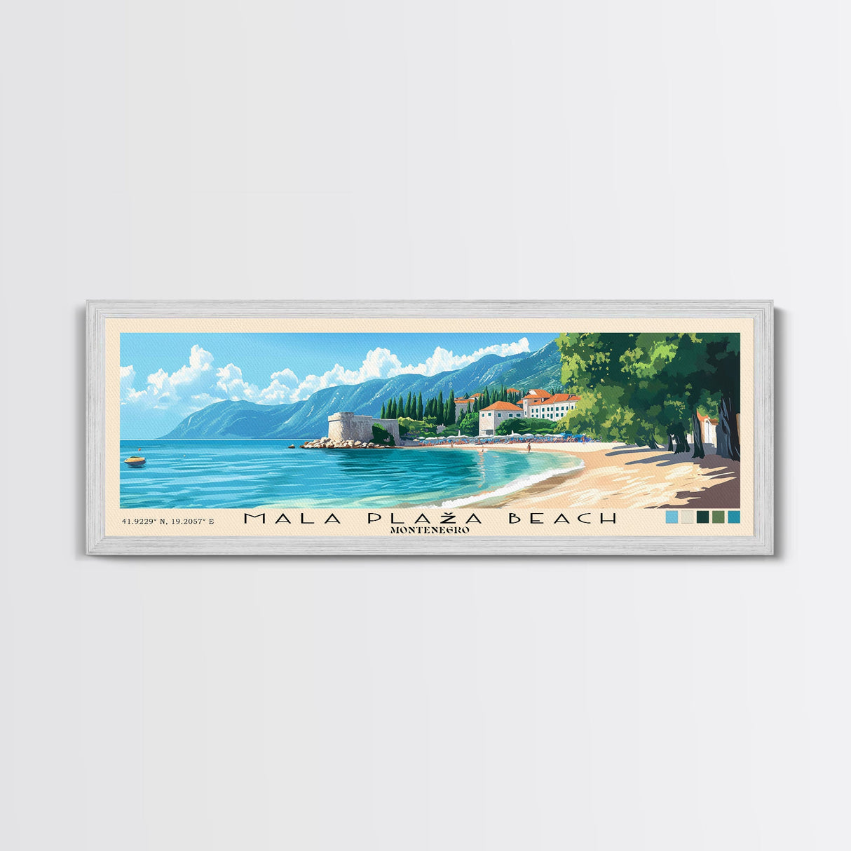 Mala Plaža Beach, Montenegro Panoramic Print, Vacation Gift, Montenegro Wall Art, Beach Painting, Beach Decor, Large Wall Art, Wood Frame Art