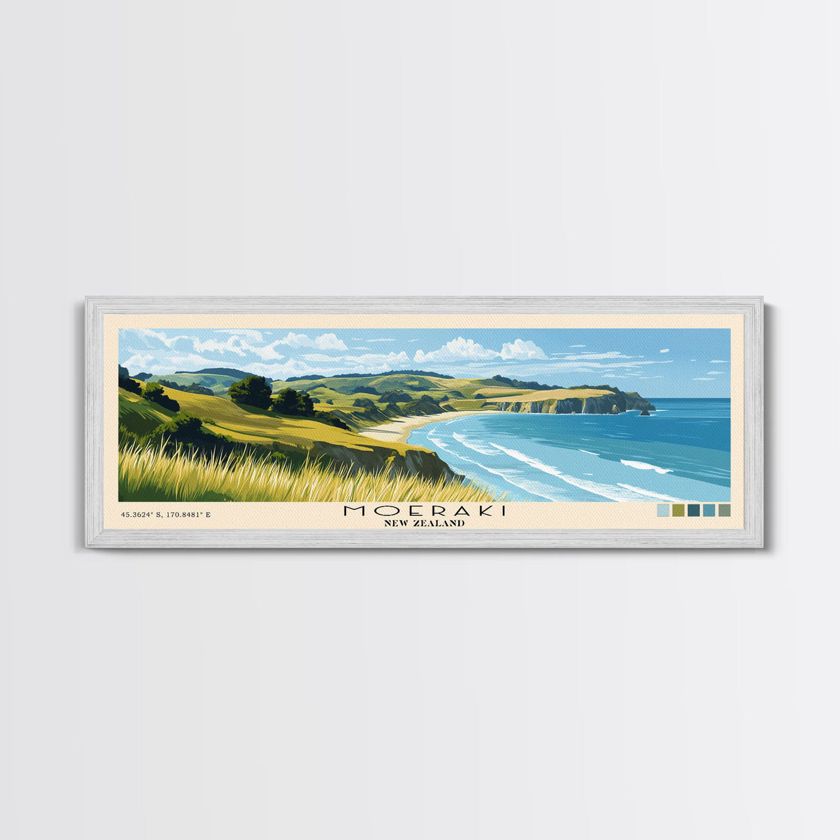 Moeraki, New Zealand Panoramic Beach Print, Vacation Gift, New Zealand Wall Art, Framed Canvas Print, Framed Beach Painting