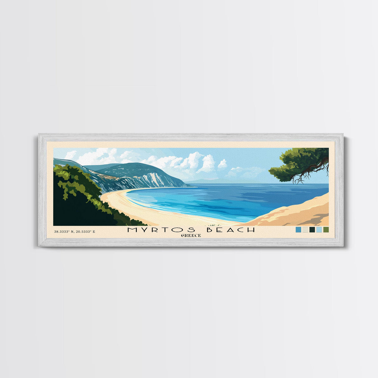 Myrtos Beach, Greece Panoramic Print, Vacation Gift, Greece Wall Art, Beach Painting, Beach Decor, Beach Or Lakehouse Art