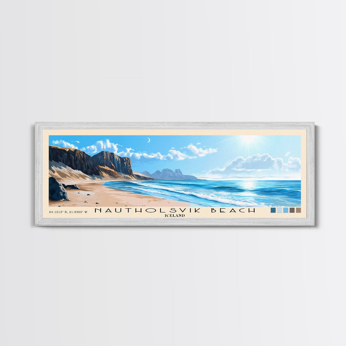 Nautholsvik Beach, Iceland Panoramic Print, Vacation Gift, Iceland Wall Art, Beach Painting, Beach Decor, Large Wall Art, Wood Frame Art