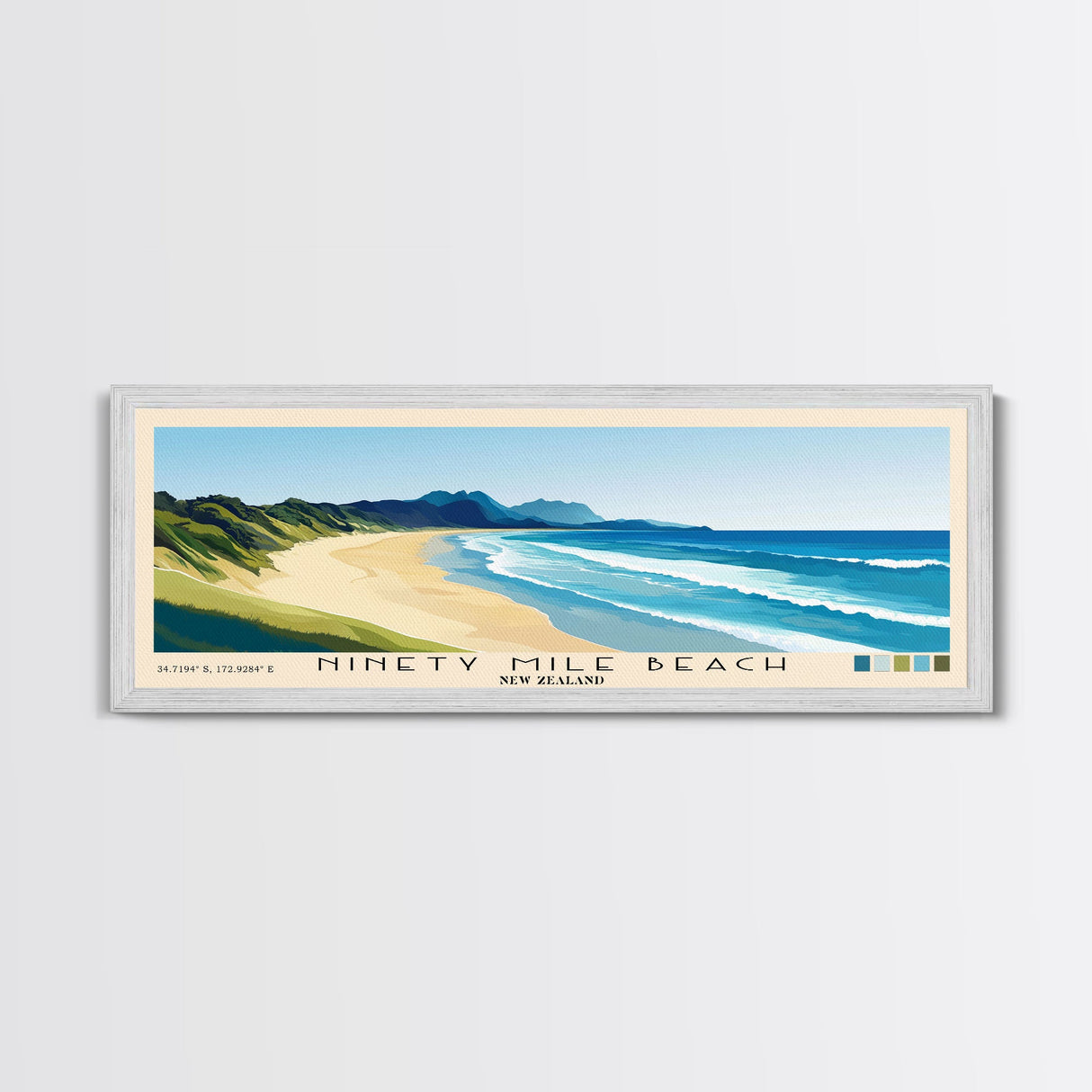 Ninety Mile Beach, New Zealand Panoramic Print, Vacation Gift, New Zealand Wall Art, Beach Painting, Beach Decor, Beach Or Lakehouse Art