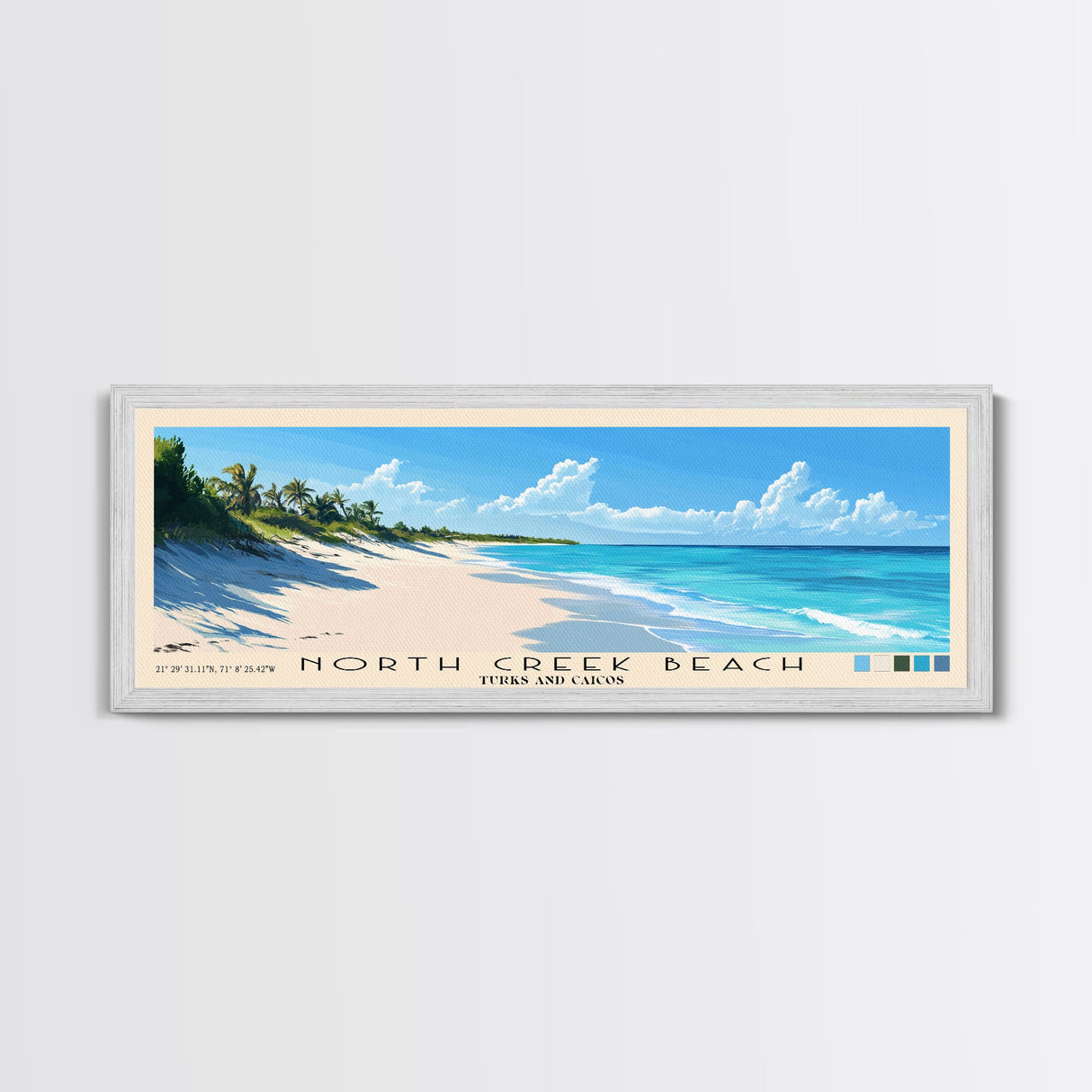 North Creek Beach, Turks and Caicos Panoramic Beach Print, Vacation Gift, Turks and Caicos Wall Art, Framed Canvas Print, Framed Beach Painting