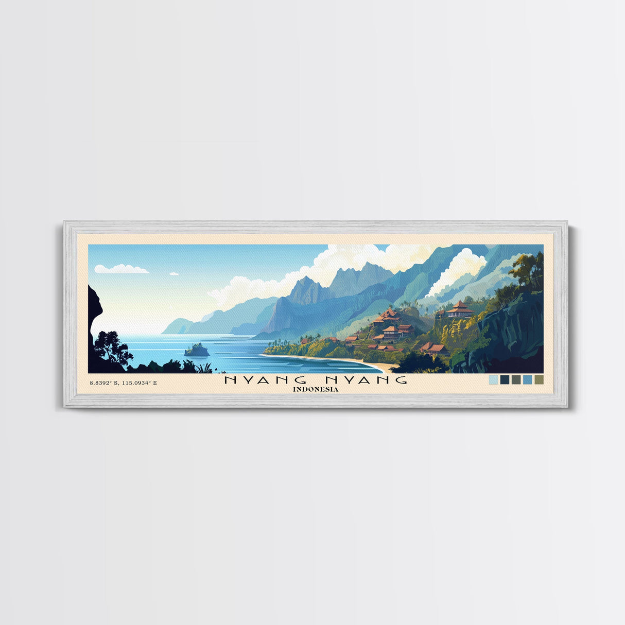 Nyang Nyang, Indonesia Panoramic Beach Print, Vacation Gift, Indonesia Wall Art, Framed Canvas Print, Framed Beach Painting